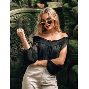 Anthropologie Off-Shoulder Black Sheer Sleeve Top